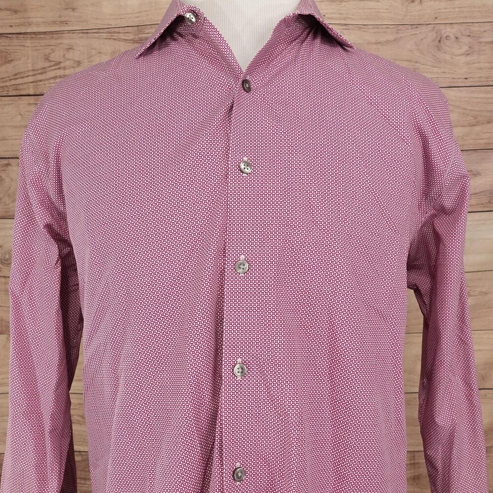Kenneth Cole Dress Shirt Mens 17 34/35 Regular Fit Red Geometric Non-Iron Cotton
